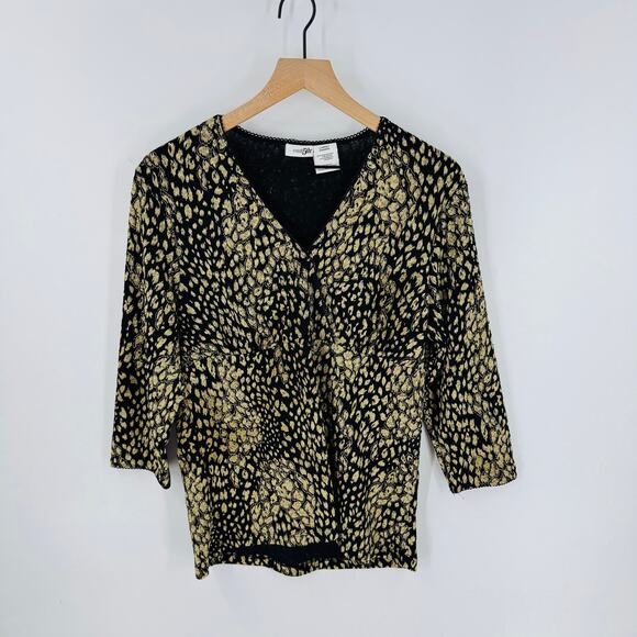 Vintage East 5th Babydoll Blouse Black Gold Animal Print Metallic Y2K Top Size L - Picture 1 of 6